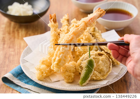 Assorted tempura: Shrimp, white fish, eggplant, shishito pepper, sweet potato Assorted tempura: Shrimp, white fish, eggplant, shishito pepper, sweet potato 138449226