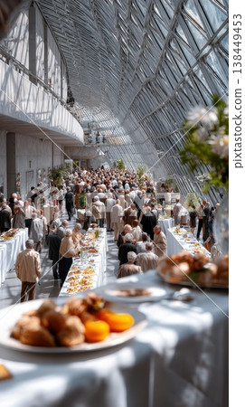 A large group of people gather in a bright and airy hall, enjoying a catered event with tables laden with food, creating a lively scene of conversation and community 138449453