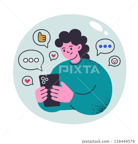 Echo chamber scene, flat cartoon woman in information bubble scrolling phone feed with matching news and posts. Confirmation bias, social media approval, likes, positive comments vector illustration 138449579
