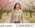 A woman walking along cherry blossoms 138449657