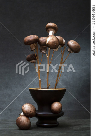 Still life "Bouquet of mushrooms" with mushrooms on wooden sticks Still life "Bouquet of mushrooms" with mushrooms on wooden sticks 138449682