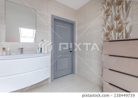 Modern Bathroom Interior with Grey Classic Door and Floral Tiles Modern Bathroom Interior with Grey Classic Door and Floral Tiles 138449739