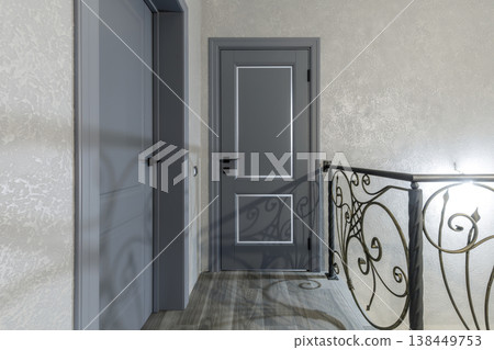 Modern Classic Hallway with Grey Doors and Wrought Iron Railings 138449753