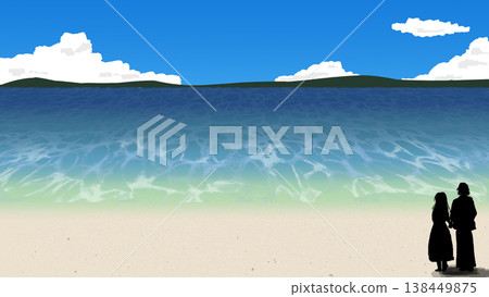 A horizontal background illustration featuring the sea, a sky with flowing clouds, and a silhouette of a couple. A horizontal background illustration featuring the sea, a sky with flowing clouds, and a silhouette of a couple. 138449875