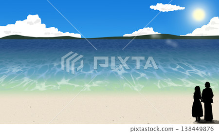 A horizontal background illustration featuring the sea, flowing clouds, the sun, and a silhouette of a couple. A horizontal background illustration featuring the sea, flowing clouds, the sun, and a silhouette of a couple. 138449876