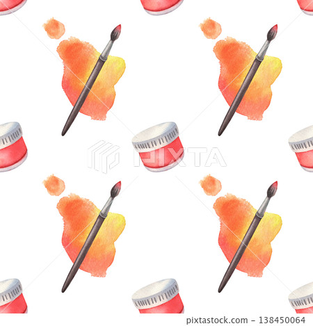Seamless pattern with brush, orange splashes, red paint jars. Hand-painted illustration isolated on white. Artistic, vibrant design perfect for stationery, packaging, textiles, art branding, education 138450064