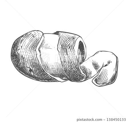 Vector sketch of a potato. The process of peeling the tuber. Line drawing of a peeled root vegetable. Imitation of an ink engraving. Hand-drawn. Whole potato on a white background. Vector sketch of a potato. The process of peeling the tuber. Line drawing of a peeled root vegetable. Imitation of an ink engraving. Hand-drawn. Whole potato on a white background. 138450133