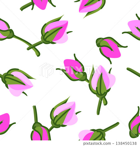 Vector background of a rosebud in a flat style. Damask rose is a source of aromatic oils and extracts for cosmetics and perfumes. Seamless pattern of rose petals. Persian herbal teas. 138450138