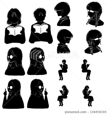Female profile silhouette set, PNG transparent image, with variations in hairstyle and pose (person icon) 138450193