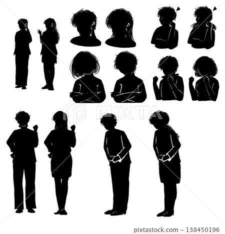 一套男女剪影PNG圖片，背景透明。包括站立、交談和各種姿勢（商務和日常）。 138450196