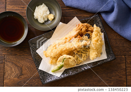 Assorted tempura: Shrimp, white fish, eggplant, shishito pepper, sweet potato 138450223