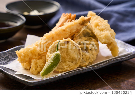 Assorted tempura: Shrimp, white fish, eggplant, shishito pepper, sweet potato Assorted tempura: Shrimp, white fish, eggplant, shishito pepper, sweet potato 138450234