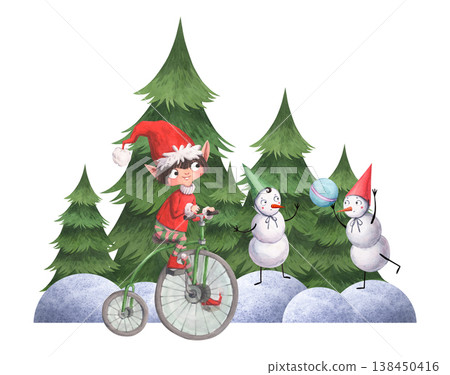A cozy winter composition with a Christmas elf on a bicycle and cheerful snowmen A cozy winter composition with a Christmas elf on a bicycle and cheerful snowmen 138450416