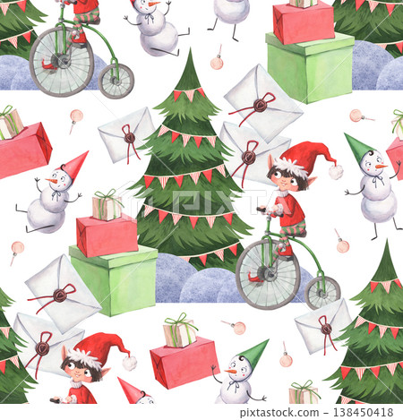 Watercolor pattern featuring an elf on a bicycle and a Christmas tree Watercolor pattern featuring an elf on a bicycle and a Christmas tree 138450418