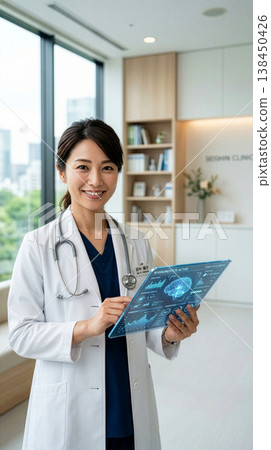 一位女醫生面帶微笑地站在檢查室裡，手裡拿著最新的 AI 平板電腦：《醫療診斷與信任差距》。 138450426