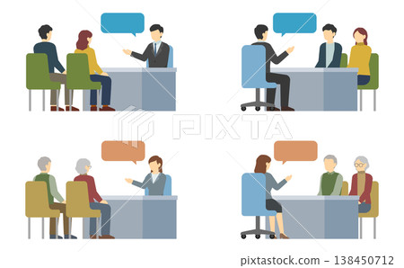 Flat illustration: A set of a man and woman in suits explaining something across a table, and a couple. Flat illustration: A set of a man and woman in suits explaining something across a table, and a couple. 138450712