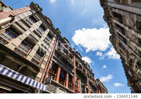 Low-angle view of old buildings in Dihua Street of Wanhua, Taipei City, Taiwan. 138451146