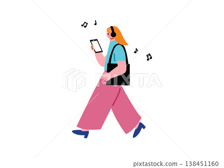 An illustration of a woman walking while operating her smartphone. 138451160