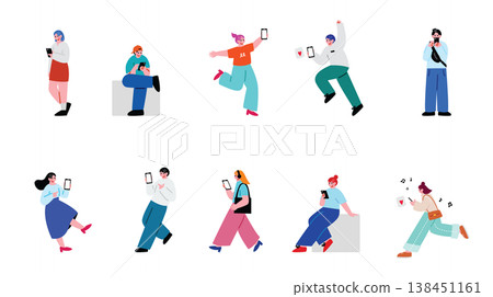A set of illustrations of people using smartphones. A set of illustrations of people using smartphones. 138451161