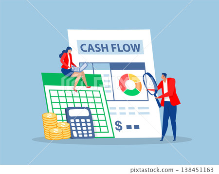 Cash flow statement document ,income or revenue vs expense, cost or investment, profit and loss, balance concept analyze calculate cash flow graph and chart.vector 138451163