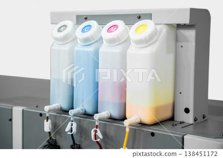Color CMYK ink tank of a large printer machine in factory for digital printing business. Color CMYK ink tank of a large printer machine in factory for digital printing business. 138451172