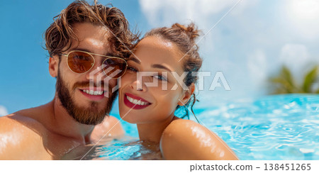 A happy young couple in sunglasses is hugging and laughing as they lie at the edge of a pool with clear turquoise water. 138451265