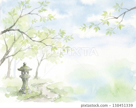 水彩畫：翠綠的葉子與蔚藍的天空 138451339