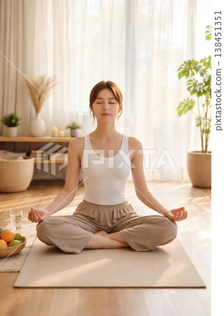 A woman who plays yoga at home A woman who plays yoga at home 138451351