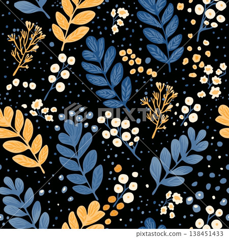 Seamless vector floral pattern with muted blue flower and leaf silhouettes 138451433