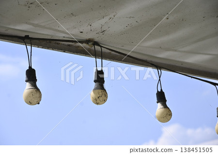 Dirty light bulb hanging bulb outdoor lighting weathered surface cobweb detail rustic texture blue sky minimal composition Dirty light bulb hanging bulb outdoor lighting weathered surface cobweb detail rustic texture blue sky minimal composition 138451505
