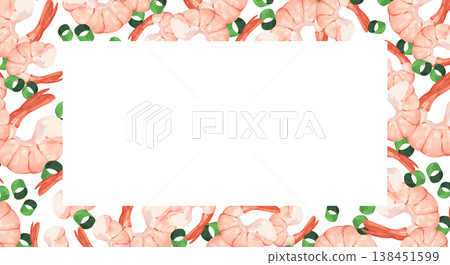 A watercolor frame with illustrations of boiled shrimp and green onion rings A watercolor frame with illustrations of boiled shrimp and green onion rings 138451599