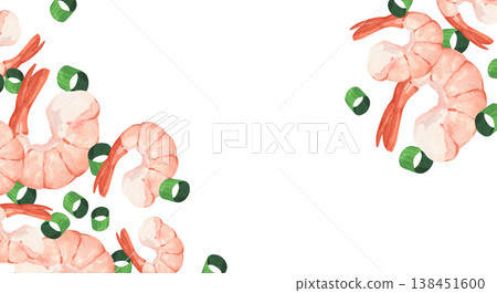 A watercolor frame with illustrations of boiled shrimp and green onion rings A watercolor frame with illustrations of boiled shrimp and green onion rings 138451600