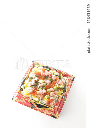 A photo of a generously topped chirashi sushi against a white background. 138451689