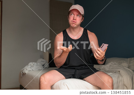 Confused Caucasian Man with Pink Cap Using Smartphone on Bed in Minimalist Bedroom 138451855