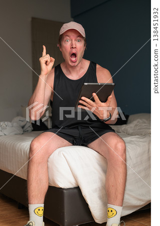 Shocked Caucasian Man Pointing Up with Tablet on Bed in Minimalist Bedroom Shocked Caucasian Man Pointing Up with Tablet on Bed in Minimalist Bedroom 138451932