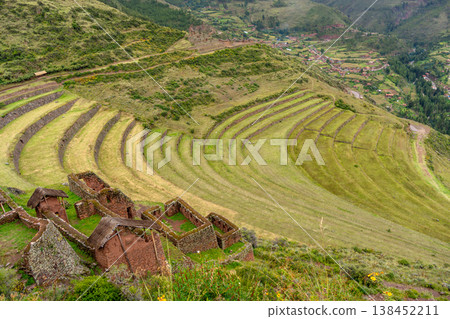 Ancient Inca terraces and ruins at Pisac in the Sacred Valley, Peru 138452211