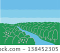 A simple landscape illustration of a forest, river, and sky. A simple landscape illustration of a forest, river, and sky. 138452305