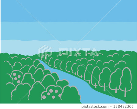 一幅簡單的風景插圖,描繪了森林、河流和天空。 一幅簡單的風景插圖,描繪了森林、河流和天空。 138452305