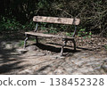 A weathered wooden bench stands as a solitary sentry against a backdrop of dense, tangled brush and shadowed woodland. Its rough-hewn timber slats and gnarled, branch-like metal legs blend seamlessly 138452328