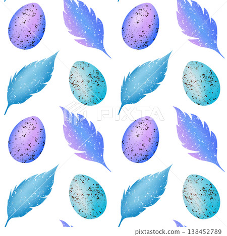 Easter eggs violet and blue colour and beautiful feathers seamless pattern. Digital watercolor Easter eggs violet and blue colour and beautiful feathers seamless pattern. Digital watercolor 138452789