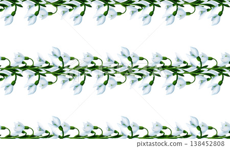 White snowdrops, green branches, splashes. Seamless floral botanical border. Digital watercolor hand drawn White snowdrops, green branches, splashes. Seamless floral botanical border. Digital watercolor hand drawn 138452808
