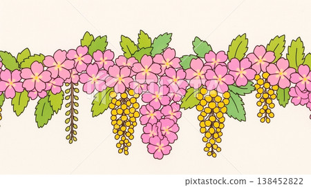 一幅精美的植物插圖，描繪了嬌嫩的花簇、春花背景、植物邊框和花環。 138452822