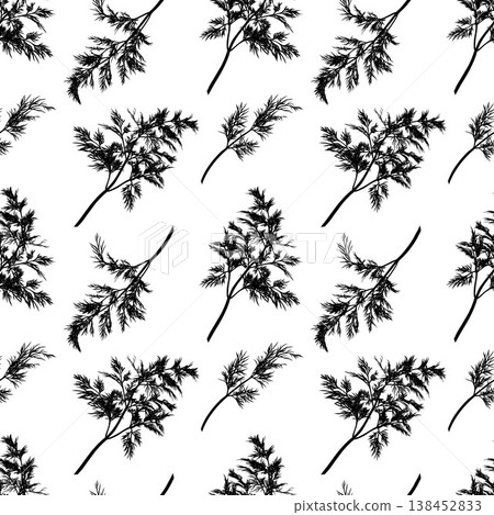 Dill plant. Monochrome botanical seamless pattern drawing of fragrant herbs and spices. Graphic ink vector 138452833