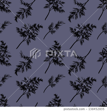 Dill plant. Monochrome botanical seamless pattern drawing of fragrant herbs and spices. Graphic ink vector. Good for decoration of cooking, menu, decor, stickers, tea, kitchens 138452835