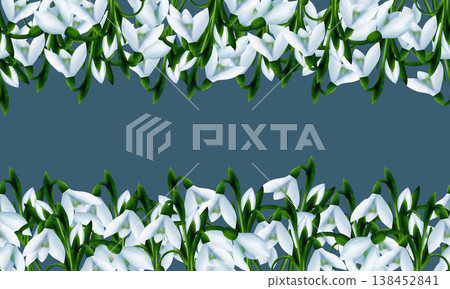 White snowdrops, green branches, splashes. Seamless floral botanical border. Digital watercolor White snowdrops, green branches, splashes. Seamless floral botanical border. Digital watercolor 138452841
