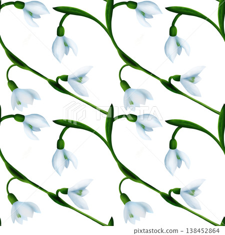 White snowdrops, green branches. Seamless floral botanical pattern. Digital watercolor hand drawn White snowdrops, green branches. Seamless floral botanical pattern. Digital watercolor hand drawn 138452864