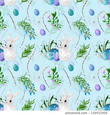 Beautiful colourful eggs, blue birds, snowdrops, willow vines and blue bow. Seamless pattern Beautiful colourful eggs, blue birds, snowdrops, willow vines and blue bow. Seamless pattern 138452956