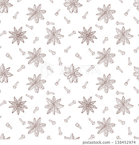 Star anise, dry cloves. Monochrome botanical seamless pattern drawing of fragrant herbs and spices. Graphic ink vector. Good for decoration of cooking, menu, decor, stickers 138452974