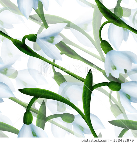 White snowdrops, green branches. Seamless floral botanical pattern. Digital watercolor hand drawn. For design of invitations, certificates, postcards, posters, flyers, textiles, fabrics, stationery White snowdrops, green branches. Seamless floral botanical pattern. Digital watercolor hand drawn. For design of invitations, certificates, postcards, posters, flyers, textiles, fabrics, stationery 138452979