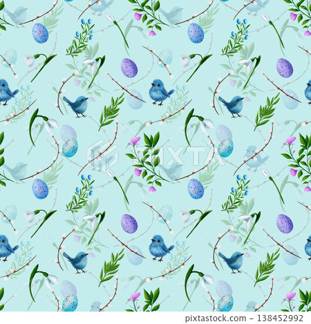 Colourful eggs, blue birds, snowdrops, green branches, willow vines. Seamless pattern Colourful eggs, blue birds, snowdrops, green branches, willow vines. Seamless pattern 138452992
